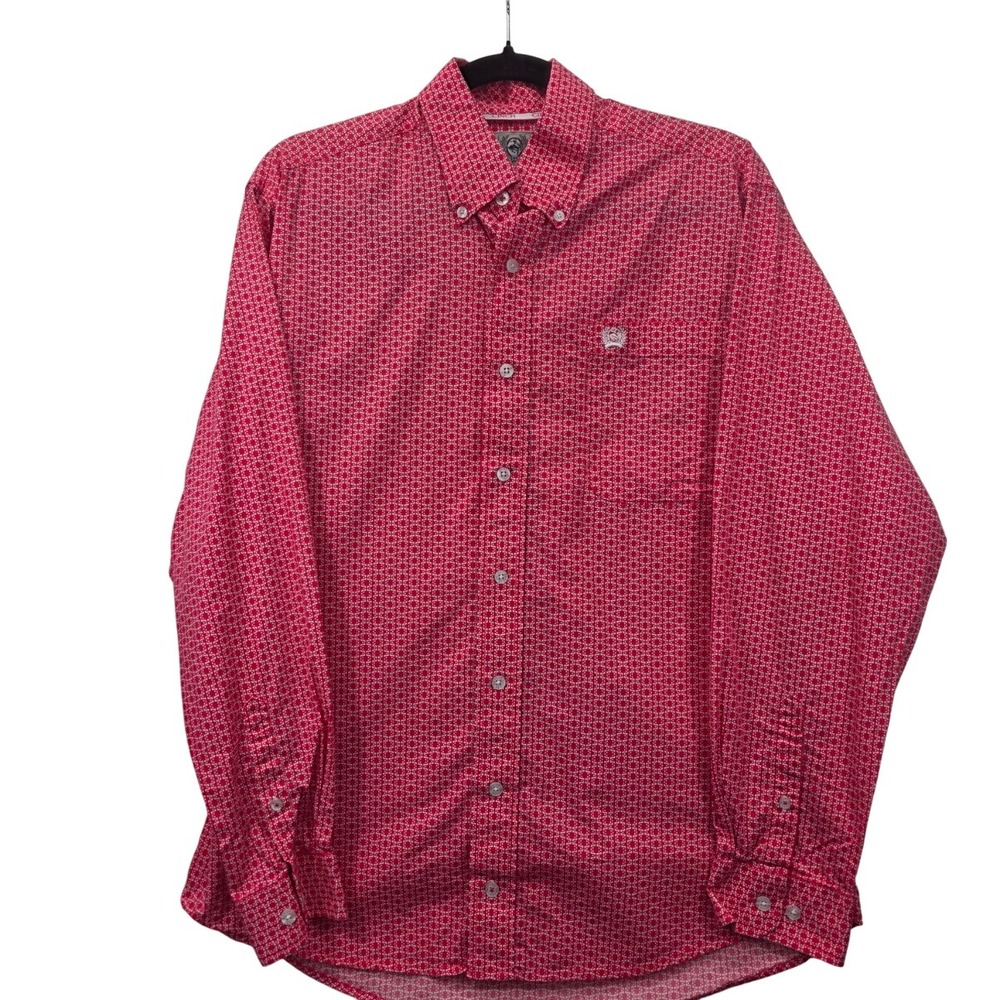 Cinch Mens XS Red Geometric Print Cotton Western Button Down Long Sleeve Shirt